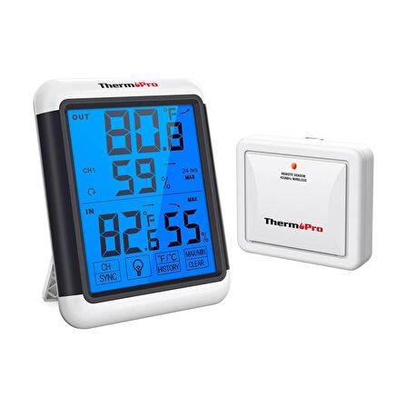 ThermoPro TP65 Dokunmatik Işıklı Geniş Ekran İç ve Dış Mekan (Sensörlü) Dijital Sıcaklık ve Nem Ölçer