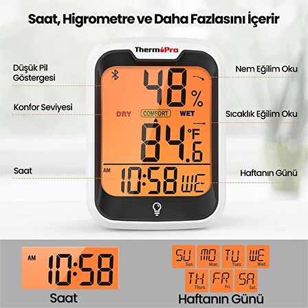 ThermoPro TP358 Telefon Kontrollü, Saatli, Takvimli, İç Mekan Sıcaklık ve Nem Ölçer Termometre