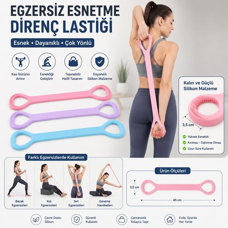 Silikon Yoga Direnç Bandı 45x3,5 cm | Egzersiz Esnetme Lastiği | Sırt Bel Kol Omuz Göğüs Bacak Pilat