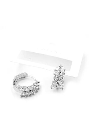 Taşlı Halka Küpe - Gümüş Rengi