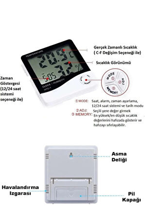 Termometre Dijital Sıcaklık Ve Nem Ölçer Duvar Tipi Masa Tipi Lcd Ekran Saat Alarm