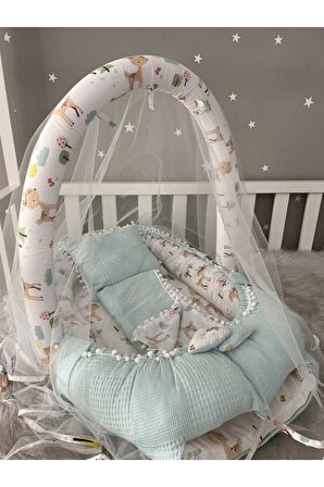 Nest Mavi Wafle Tasarım Ponponlu Jaju-babynest Ve Yorgan Oyuncak Aparat Ve Tül Set
