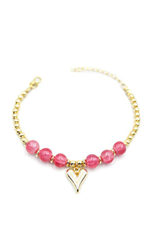 Boncuklu Kalp Bileklik - Pembe