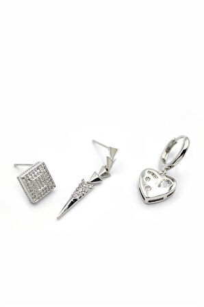 3'lü Kalp Küpe - Gümüş Rengi