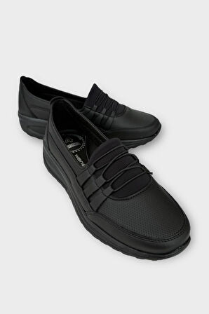 Kadın Ortopedik Taban Spor Bantlı  Lastikli Anne Günlük Ayakkabı SİYAH - SİYAH