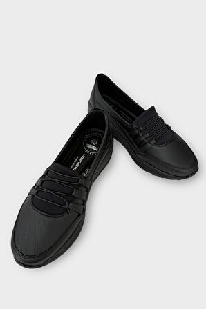 Kadın Ortopedik Taban Spor Bantlı  Lastikli Anne Günlük Ayakkabı SİYAH - SİYAH