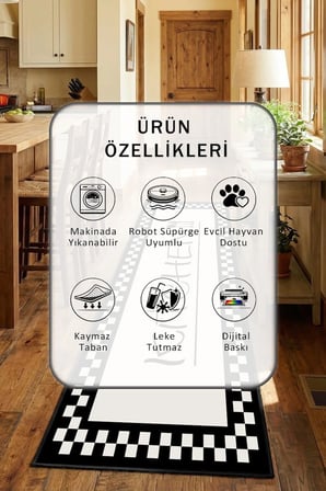 Damahome Krem Kitchen Siyah Modern Mutfak Halısı Yıkanabilir Kaymaz Su İtici
