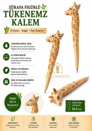 Kalemhane Kişiye Özel El Oyma İşçilik Özel Yapım Tükenmez Kalem Zürafa Figürlü