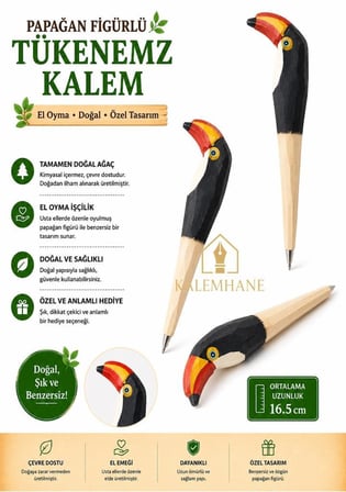 Kalemhane Kişiye Özel El Oyma İşçilik Özel Yapım Tükenmez Kalem Papağan Figürlü