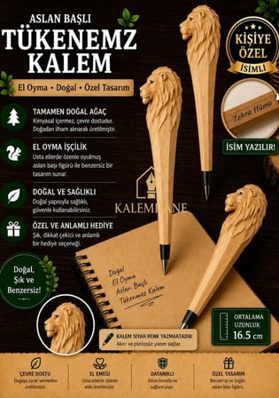 Kalemhane Kişiye Özel El Oyma İşçilik Özel Yapım Tükenmez Kalem Aslan Figürlü