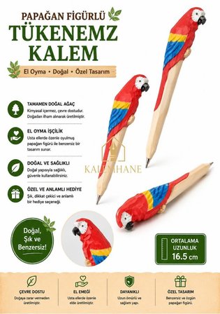 Kalemhane Kişiye Özel El Oyma İşçilik Özel Yapım Tükenmez Kalem Papağan Figürlü