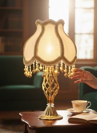Ekru Kadife Kaplı Gold İşlemeli Şık Başlık Burgulu Gold Metal Ayaklı Klasik Model Abajur 55x25cm
