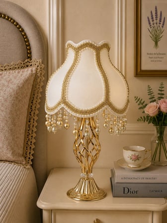 Ekru Kadife Kaplı Gold İşlemeli Şık Başlık Burgulu Gold Metal Ayaklı Klasik Model Abajur 55x25cm