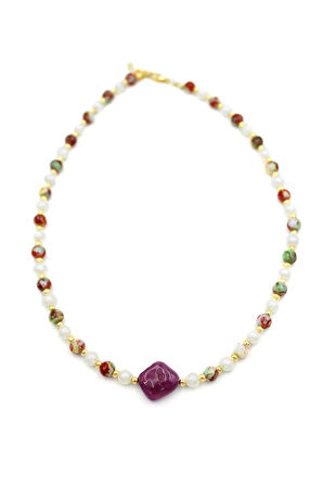 İncili Taşlı Kolye - Mor