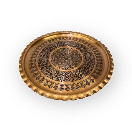 İşlemeli Çirtikli Skoç Eskitme Bakır Tepsi 35cm