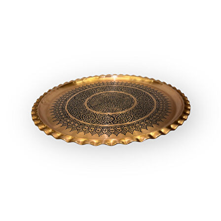 İşlemeli Çirtikli Skoç Eskitme Bakır Tepsi 38 cm