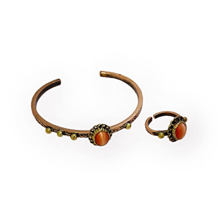 Turuncu Taşlı Kirpikli Bakır Bileklik ve Yüzük