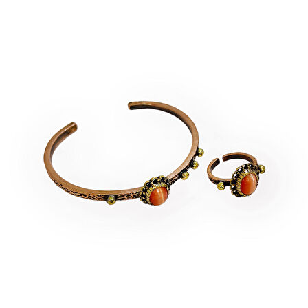 Turuncu Taşlı Kirpikli Bakır Bileklik ve Yüzük