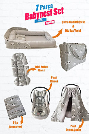 Gri Panda 7 Parça Çantalı Baby Nest ve Puset Örtüsü Set Çanta Babynest Set