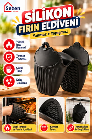 3 Parça Silikon Mutfak Seti – 2'li Isıya Dayanıklı Fırın Eldiveni ve 1 Adet Yanmaz Yapışmaz Silikon Nihale