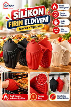 3 Parça Silikon Mutfak Seti – 2'li Isıya Dayanıklı Fırın Eldiveni ve 1 Adet Yanmaz Yapışmaz Silikon Nihale