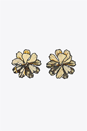 Siyah Detaylı Çiçek Küpe - Altın