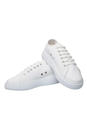 Kadın Rahat Kalıp Kalın Taban Keten Sneakers BEYAZ