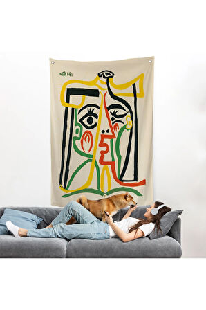 Pablo Picasso - Jacqueline'in Hasır Şapkalı Duvar Örtüsü-7419