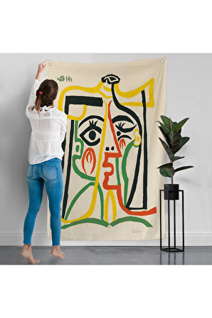 Pablo Picasso - Jacqueline'in Hasır Şapkalı Duvar Örtüsü-7419