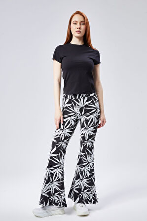 Kadın Yeşil Desenli Yüksek Bel Esnek İspanyol Paça Tayt Pantolan