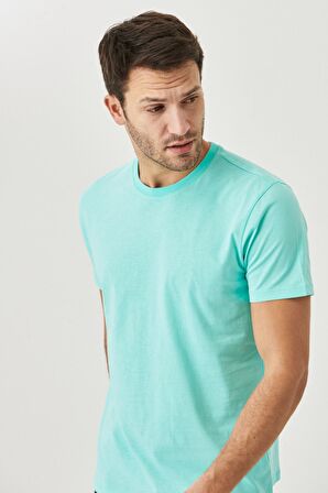 Erkek Turkuaz %100 Pamuk Slim Fit Dar Kesim Bisiklet Yaka Kısa Kollu Tişört