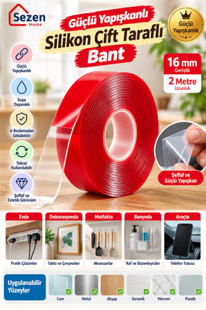 Şeffaf Silikon Çift Taraflı Bant 16 mm x 2 Metre Güçlü Yapışkanlı Montaj ve Sabitleme Bandı
