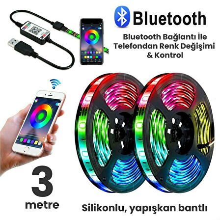 UpWay 3 Metre Bluetoothlu Müziğe Duyarlı Su Geçirmez Kesilebilir Silikonlu Kumandalı USB RGB Şerit Led