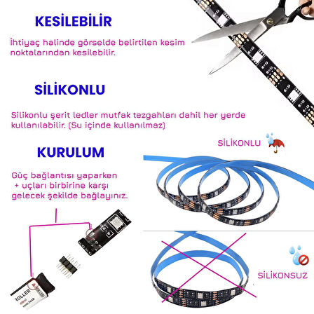 UpWay 3 Metre Bluetoothlu Müziğe Duyarlı Su Geçirmez Kesilebilir Silikonlu Kumandalı USB RGB Şerit Led