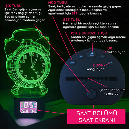 UpWay 3D İllüzyonlu RGB Işık Animasyonlu Çalar Masa Saati Gece Lambası 