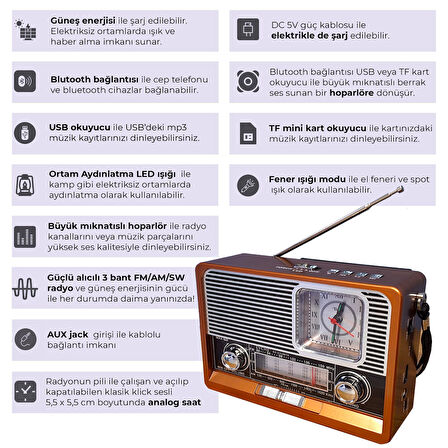 Upway Güneş Enerjili Fenerli Şarjlı Retro Bluetooth Hoparlör FM AM SW Nostaljik Acil Durum Radyosu
