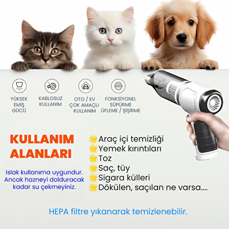 Upway Kablosuz Çekme Üfleme Kuru Islak Fonksiyonlu Hepa Filtreli Ev Araç Şarjlı Süpürge 