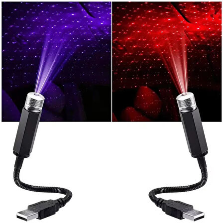 UpWay USB Lazer Yıldız Projektörü 2 Adet Kırmızı Mor Gece Lambası Oto Aksesuarı 