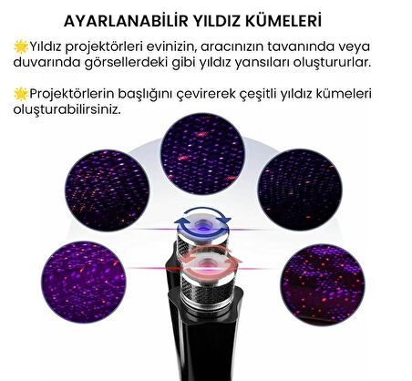 UpWay USB Lazer Yıldız Projektörü 2 Adet Kırmızı Mor Gece Lambası Oto Aksesuarı 