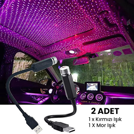 UpWay USB Lazer Yıldız Projektörü 2 Adet Kırmızı Mor Gece Lambası Oto Aksesuarı 