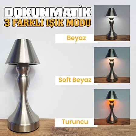 UpWay Sarjlı Ayarlanabilir Işıklı 3 Modlu Retro Silver Metal Dokunmatik Fonksiyonel Masa Lambası