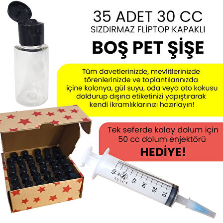 UpWay 35 Adet 30 CC Fliptop Kapaklı Boş Plastik Pet Şişe Dolum Enjektörü Hediyeli