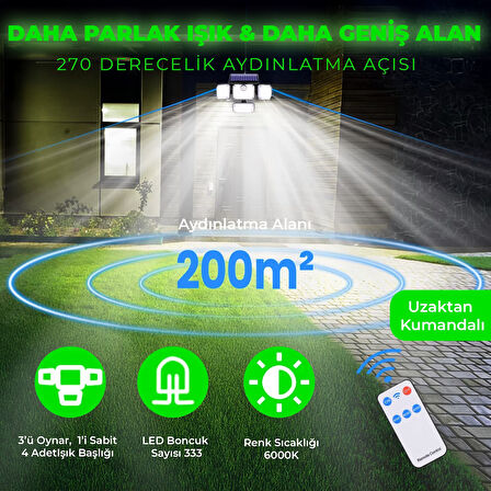 Upway Güneş Enerjili 333 Ledli 4 Oynar Başlıklı Kumandalı Su Geçirmez Sensörlü Lamba