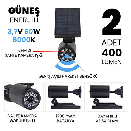 UpWay Sahte Kamera Görünümlü Sensörlü Güneş Enerjili 1500mAh 400 Lümen Led Lamba 2 Adet 
