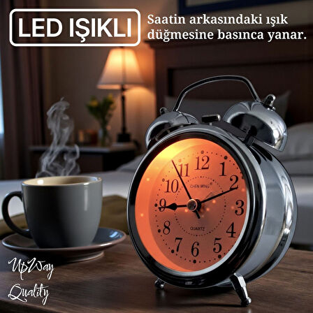 UpWay Çanlı Tokmaklı Yüksek Zil Sesli Gümüş Metal Kasalı Işıklı Nostaljik Retro Çalar Saat 