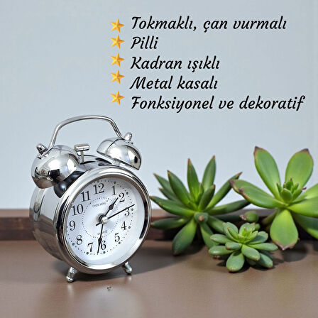 UpWay Çanlı Tokmaklı Yüksek Zil Sesli Gümüş Metal Kasalı Işıklı Nostaljik Retro Çalar Saat 