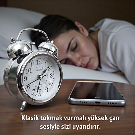 UpWay Çanlı Tokmaklı Yüksek Zil Sesli Gümüş Metal Kasalı Işıklı Nostaljik Retro Çalar Saat 