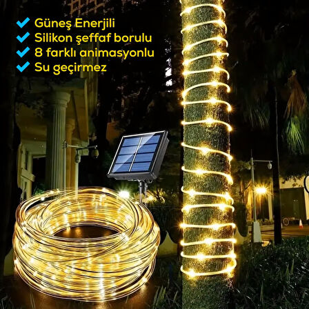 Güneş Enerjili Silikon Borulu 12M 100 LED Işık Zinciri – Se Geçirmez Dış Mekan LED Lamba
