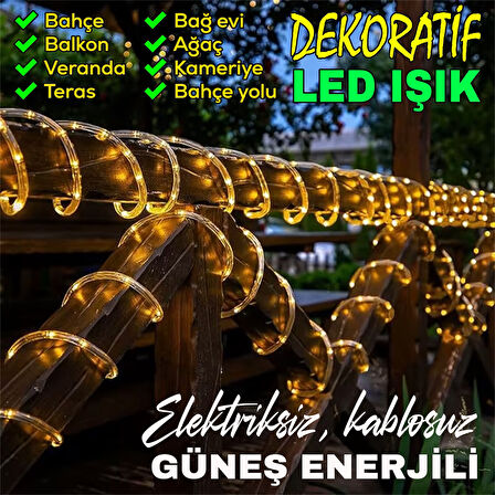 Güneş Enerjili Silikon Borulu 12M 100 LED Işık Zinciri – Se Geçirmez Dış Mekan LED Lamba