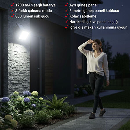 Upway Güneş Enerjili Sensörlü 800 LM 120 Led Lamba - İç ve Dış Mekan Solar Aydınlatma